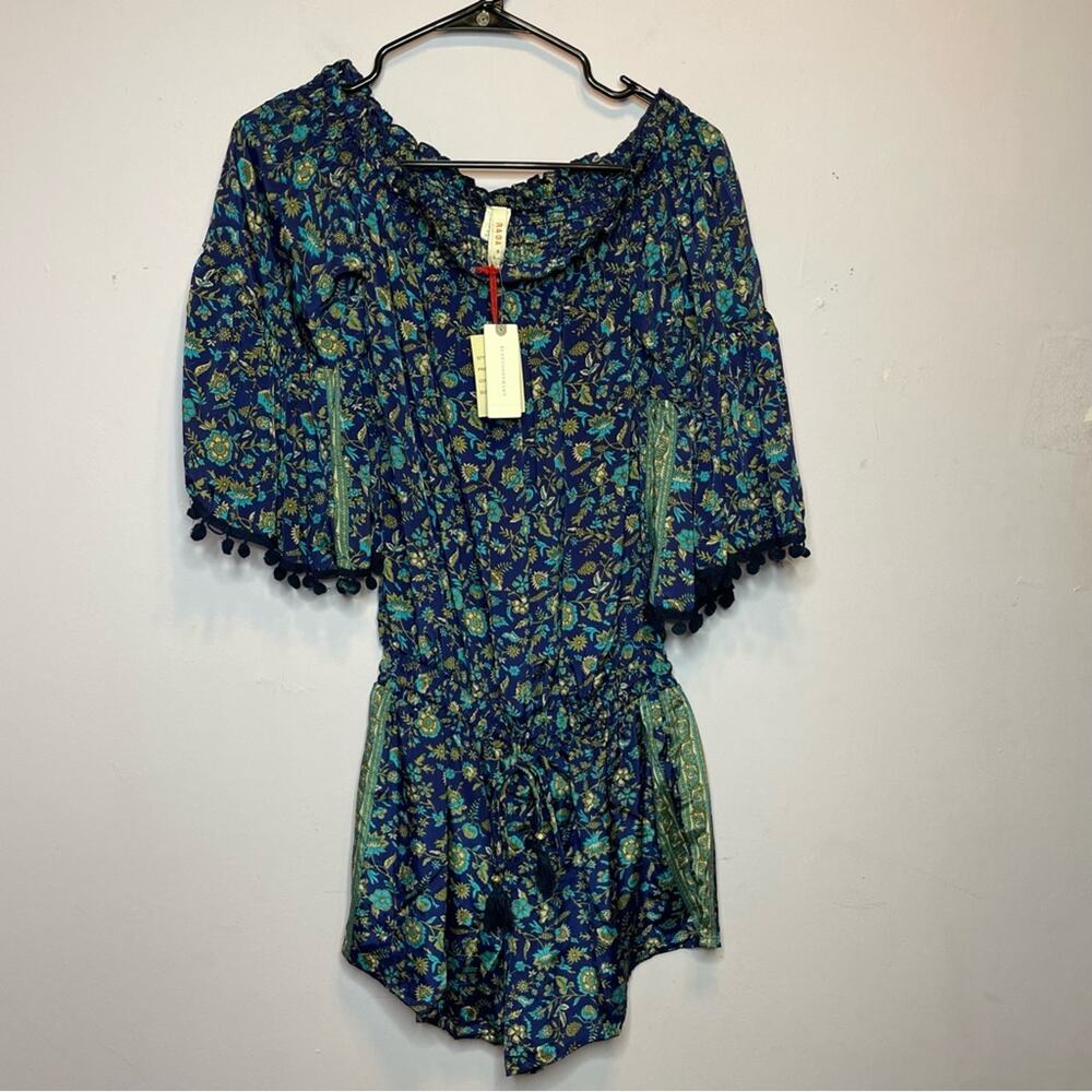 NEW Anthropologie Raga Kassie Pom Pom Romper Blue Floral Womens Size Small